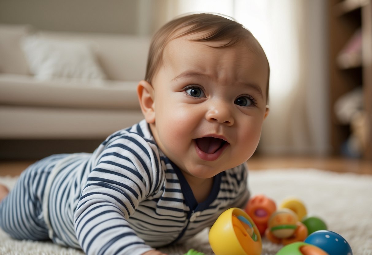 An infant reaching for and grasping objects, babbling and making vocalizations, smiling in response to interactions, visually tracking moving objects, and showing curiosity towards new toys