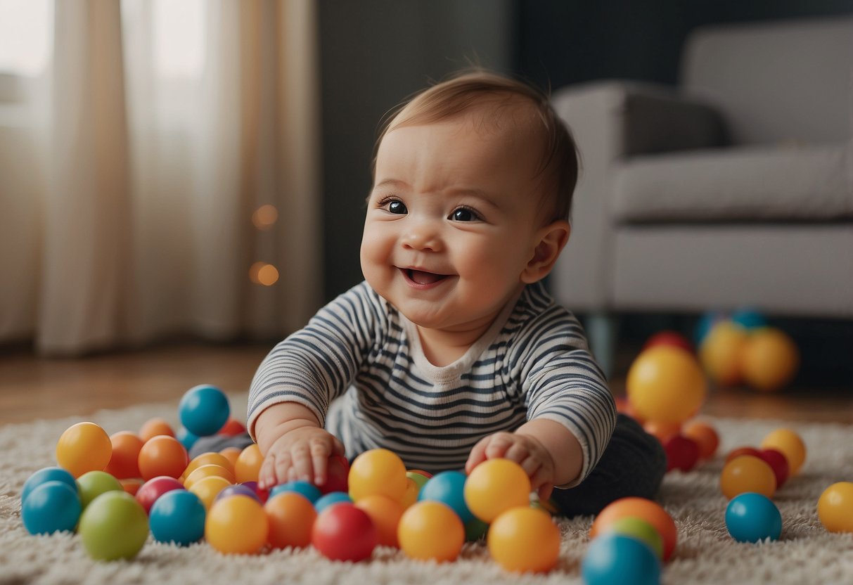 A baby reaching for a colorful toy, sitting up unassisted, babbling, and responding to their name. A parent smiling and interacting with the baby