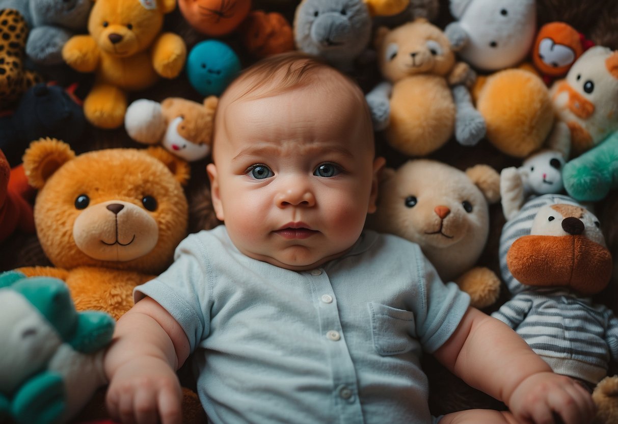 A baby surrounded by toys, not making eye contact, not responding to sounds, not babbling, not reaching for objects, not smiling, not showing interest in faces, not sitting up, not crawling, not making gestures