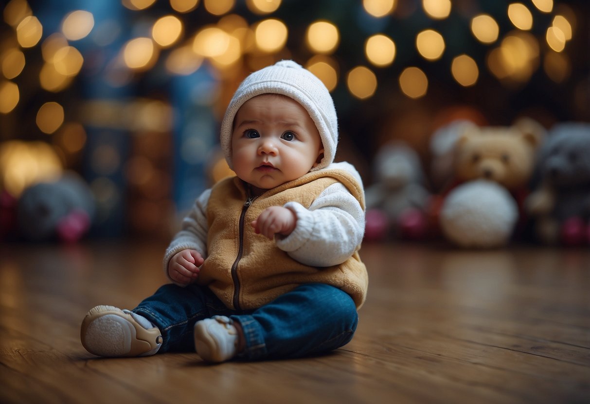 A baby sits alone, uninterested in toys or others