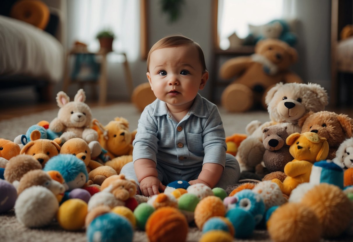 A baby surrounded by toys, not making eye contact