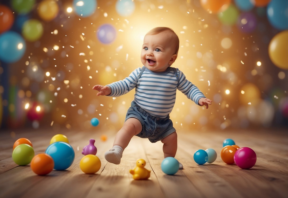 A baby's first steps, first words, and first tooth are depicted in a playful and heartwarming illustration. The baby is surrounded by toys and bright colors, with a sense of wonder and excitement in the air