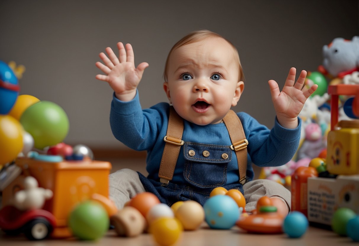 A baby reaching for objects, with a look of determination and curiosity on their face. Various toys and items are scattered around, as the baby eagerly grabs for them