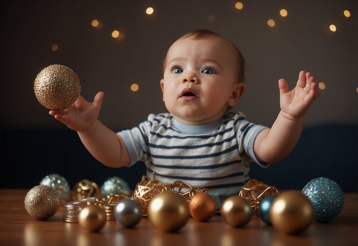 A baby reaching for objects and mimicking sounds