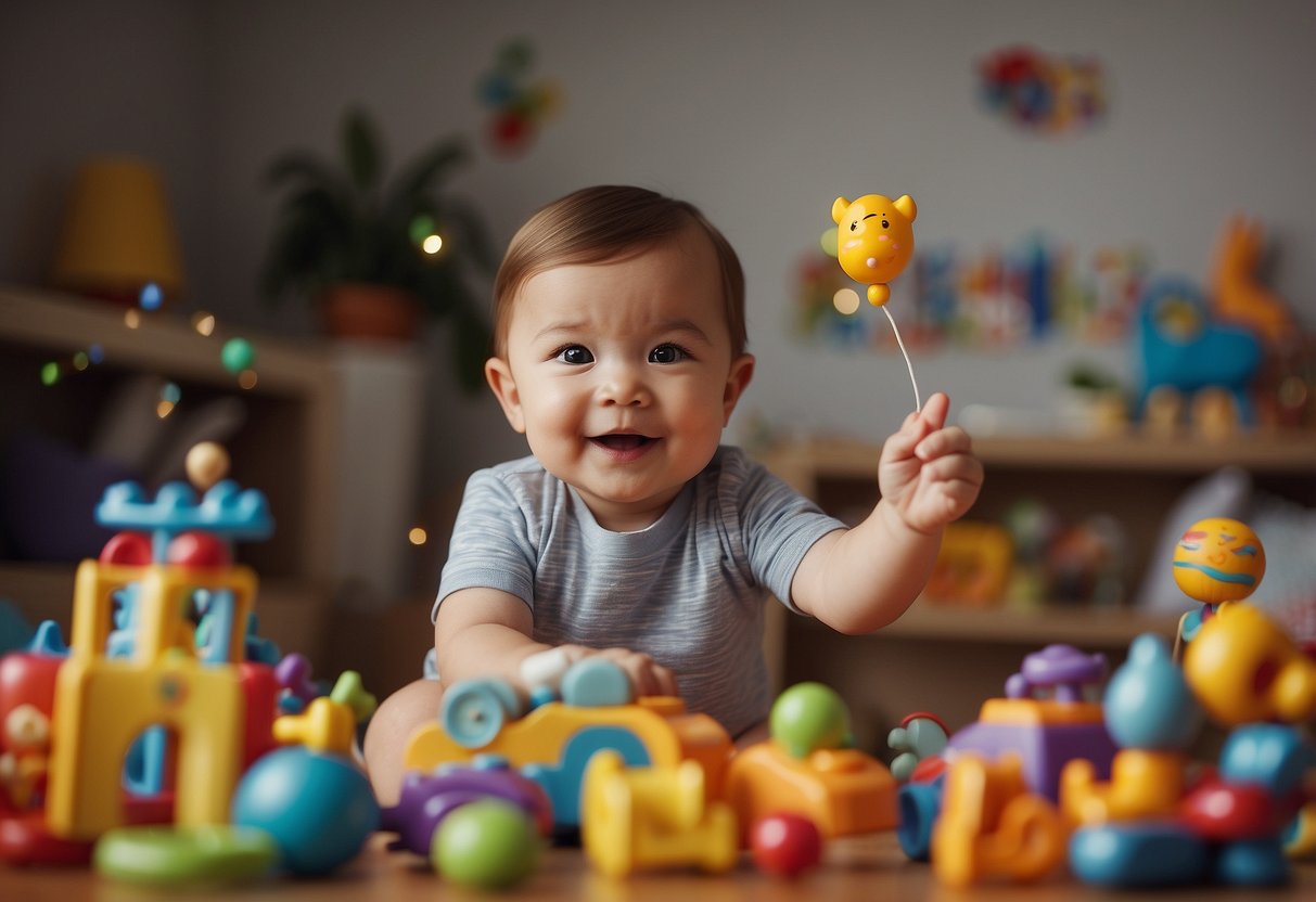 A baby surrounded by toys, reaching for a colorful mobile. A caregiver smiles, offering encouragement. Books and developmental tools fill the room