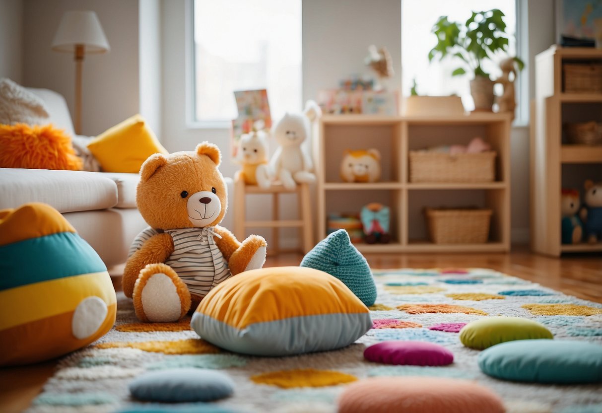 A cozy, well-lit room with soft, plush toys and baby-friendly furniture. A colorful playmat with interactive features. Books and sensory objects within reach. An inviting, nurturing environment for baby exploration