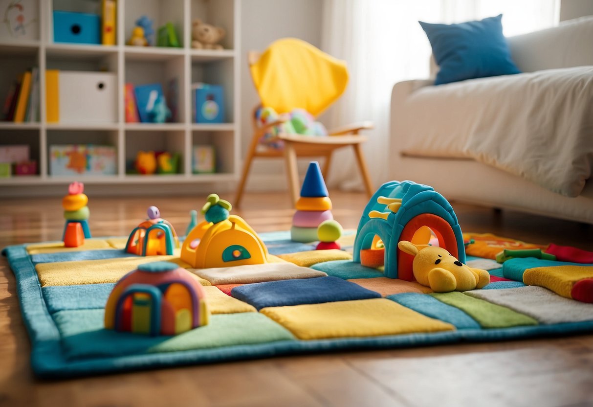 A colorful play mat with various textures and shapes, surrounded by interactive toys and books. Soft, natural lighting fills the room, creating a warm and inviting environment for baby to explore and learn