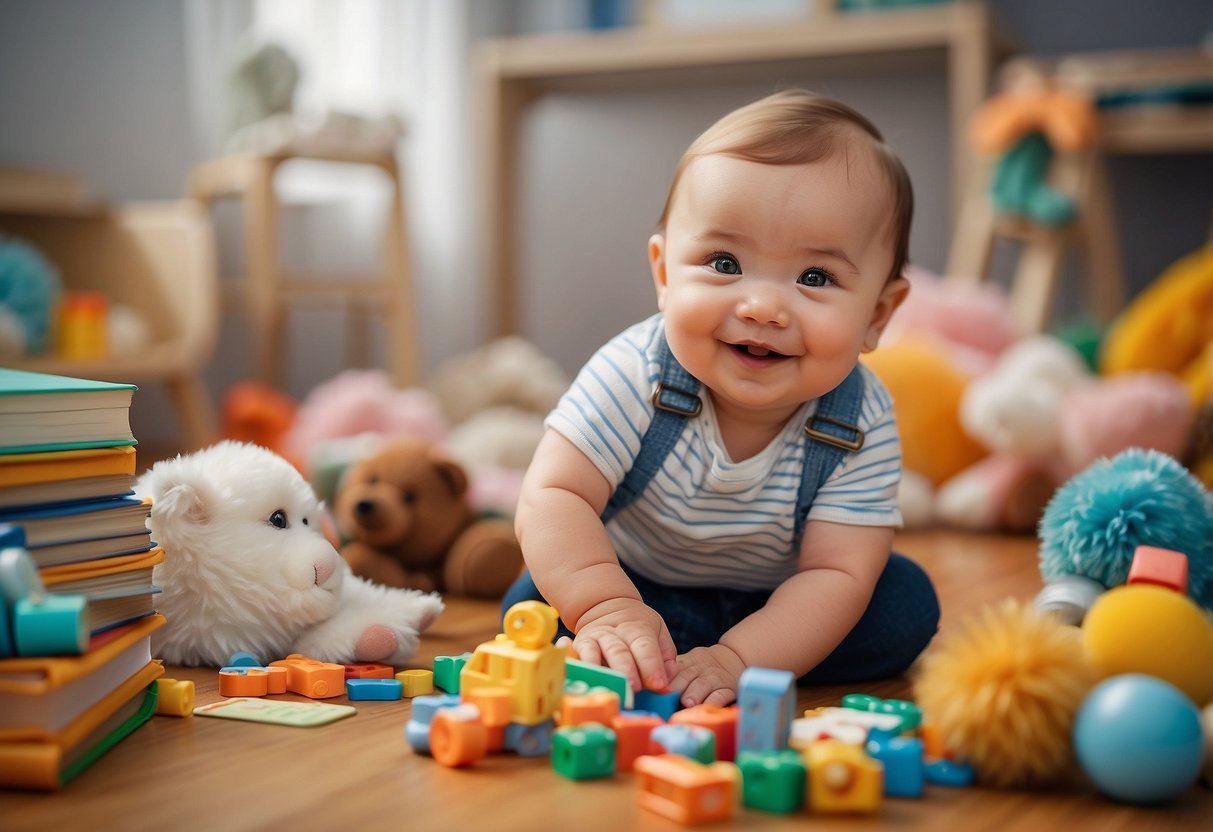 A baby surrounded by toys, books, and colorful objects. A calendar with milestone dates, a smiling parent, and a supportive environment