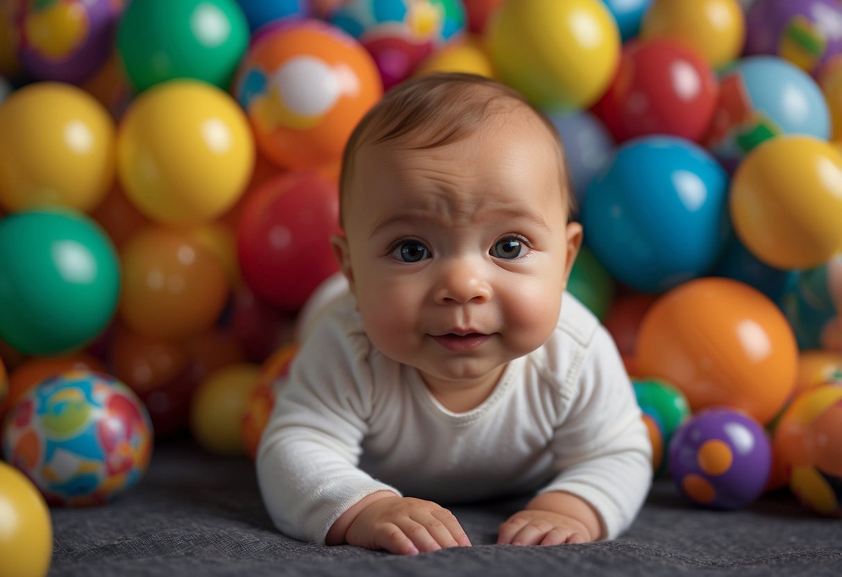 Baby surrounded by colorful toys, on a soft, padded mat, lifting head and reaching for objects during tummy time