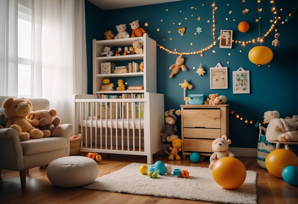 A colorful room with toys scattered on the floor, a mobile hanging above a crib, and a bookshelf filled with nursery rhyme books