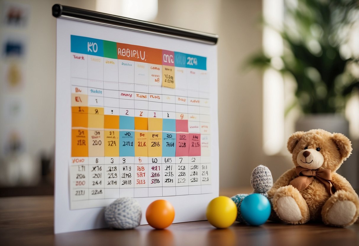 A colorful calendar with 10 highlighted milestones, surrounded by baby toys and a growth chart, set against a backdrop of a sunny nursery with a mobile hanging above