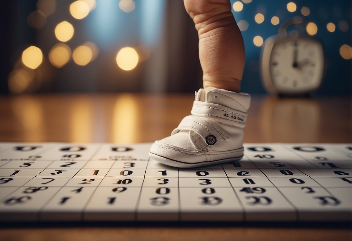 A baby's tiny foot kicks up as a figure waves goodbye, surrounded by a calendar marking 10 important milestones in the first 12 months