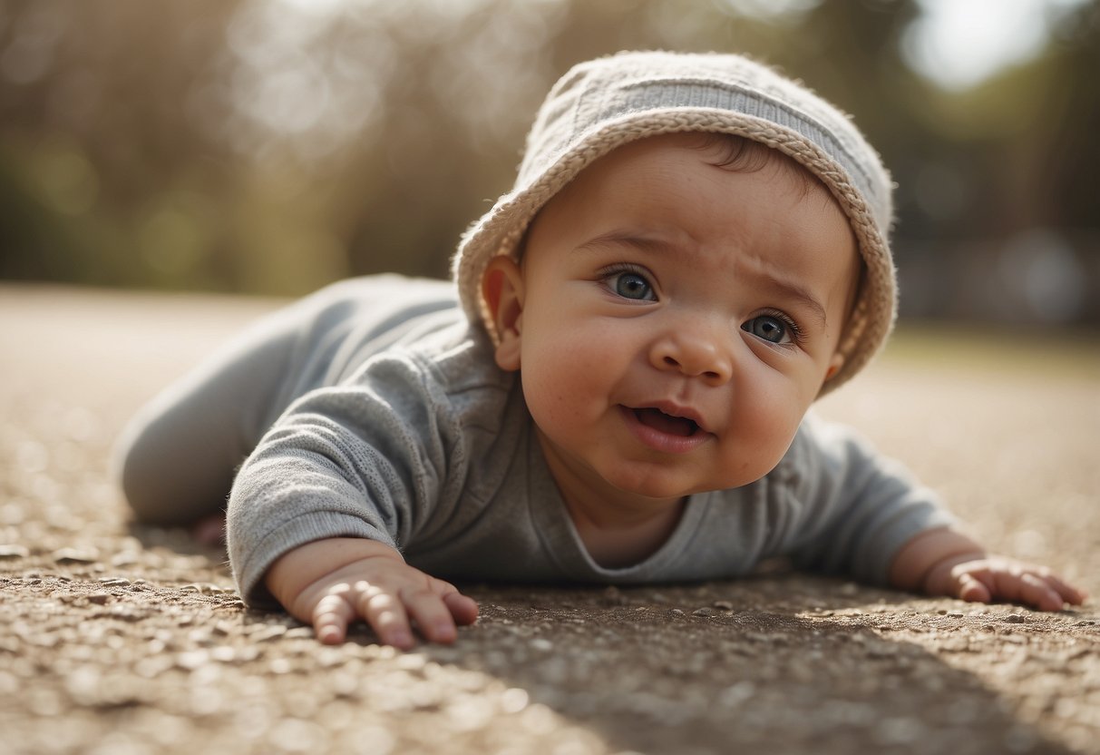 A baby lying on their back, reaching for and grasping objects with their hands. Sitting up unassisted for the first time. Crawling on all fours and pulling themselves up to stand. Walking with support and then taking their first independent steps