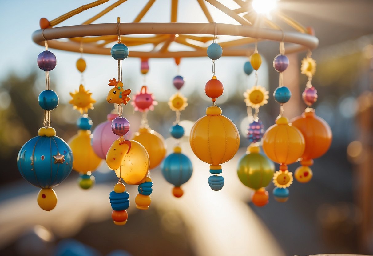 A colorful baby mobile with 7 different milestones depicted, such as rolling over, sitting up, and babbling, surrounded by toys and a happy, smiling sun