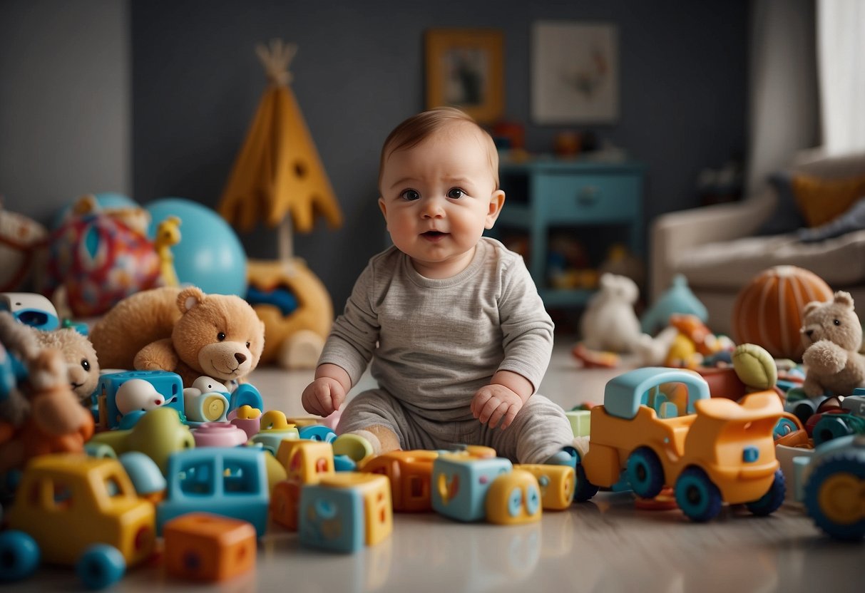 A baby stands unassisted, surrounded by toys and milestones, showcasing their thriving development