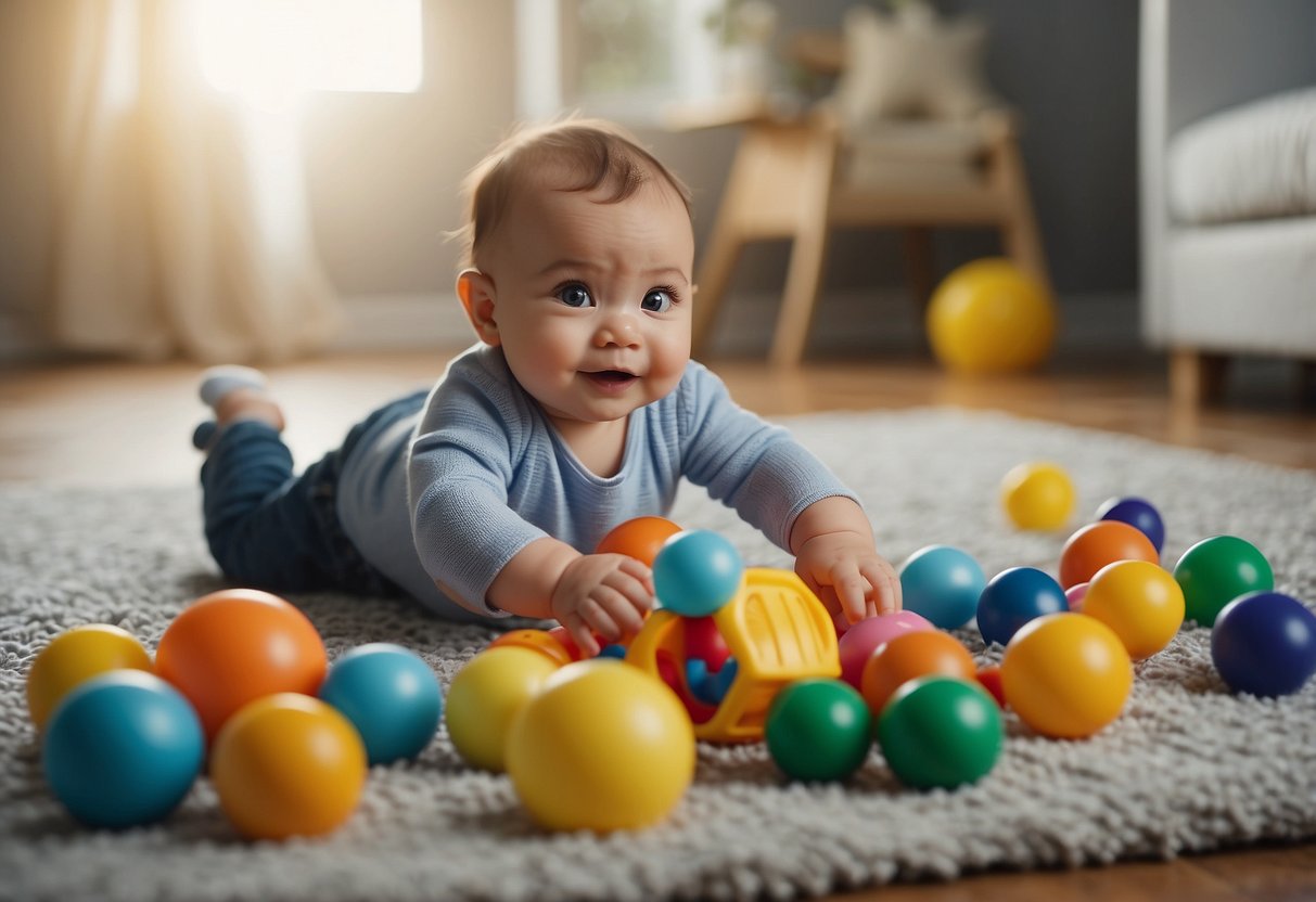 A baby playing with colorful toys on a soft, padded mat, reaching and grasping for objects, rolling over, and kicking their legs in excitement