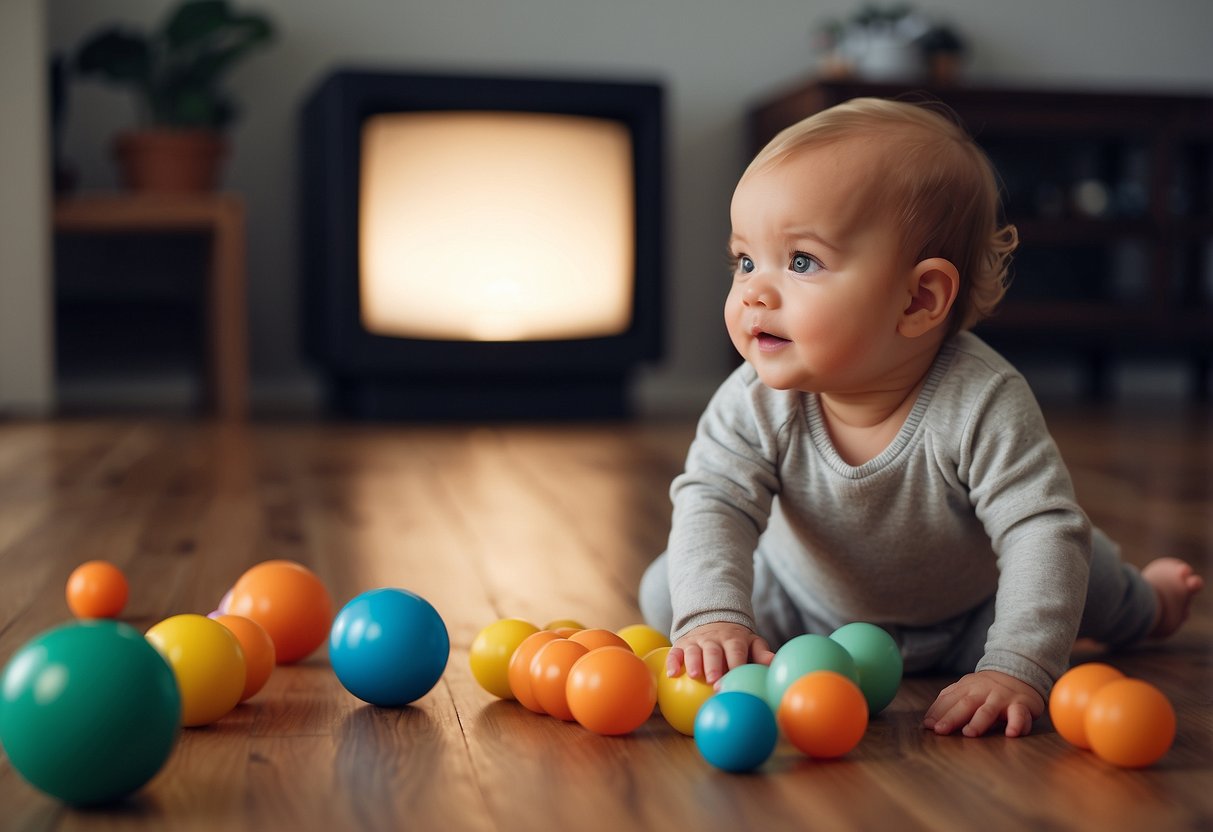 A baby reaching for and grasping toys, rolling over, and sitting up unassisted. They may also be crawling, pulling themselves up to stand, and cruising along furniture