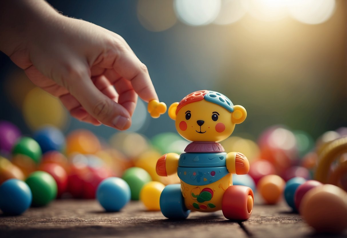 A collection of colorful toys being firmly grasped by small, strong hands, showcasing the development of strong motor skills in a baby