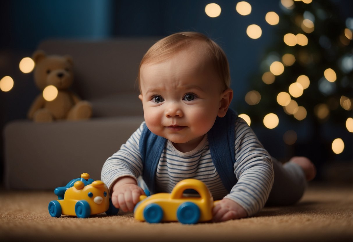 A baby sits unaided, reaching for toys and grasping them confidently. They lean forward to explore, showing good balance and control