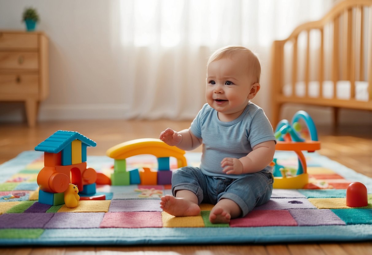 A colorful play mat with toys scattered around. A baby gate blocks off a safe area for crawling. A small chair and push toy are nearby. A parent smiles and encourages the child