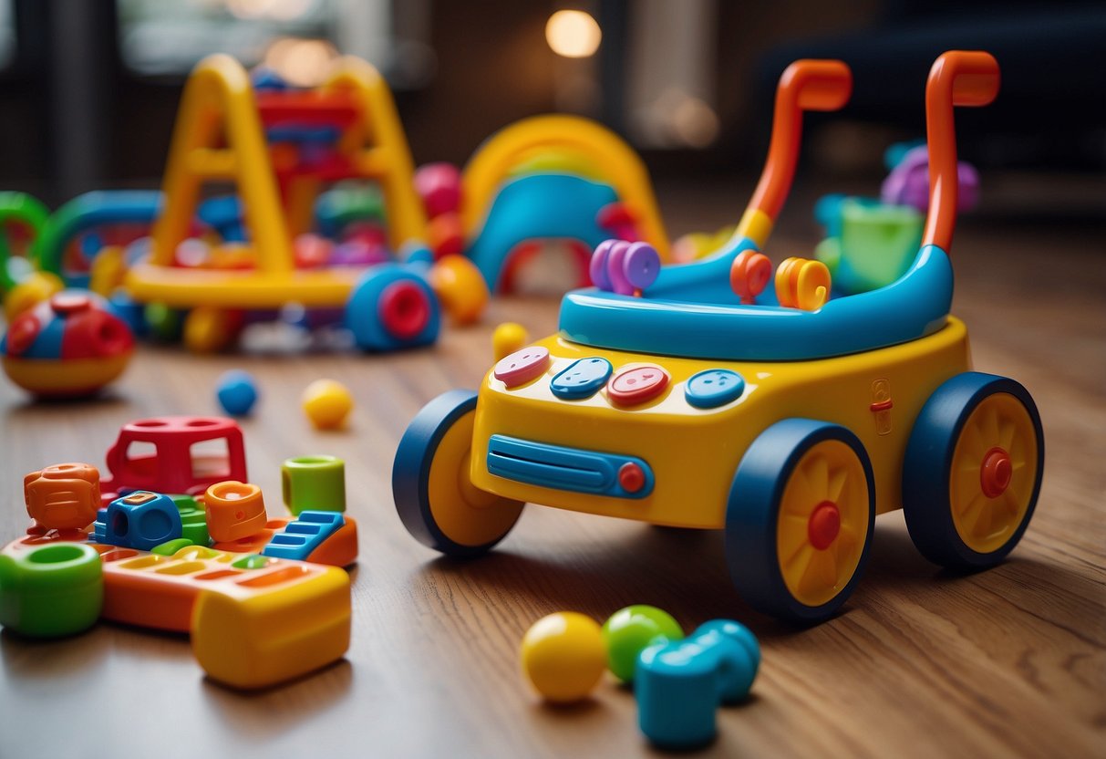 A colorful Sit-to-Stand Learning Walker surrounded by toys and encouraging objects, with open space for crawling, sitting, and walking practice