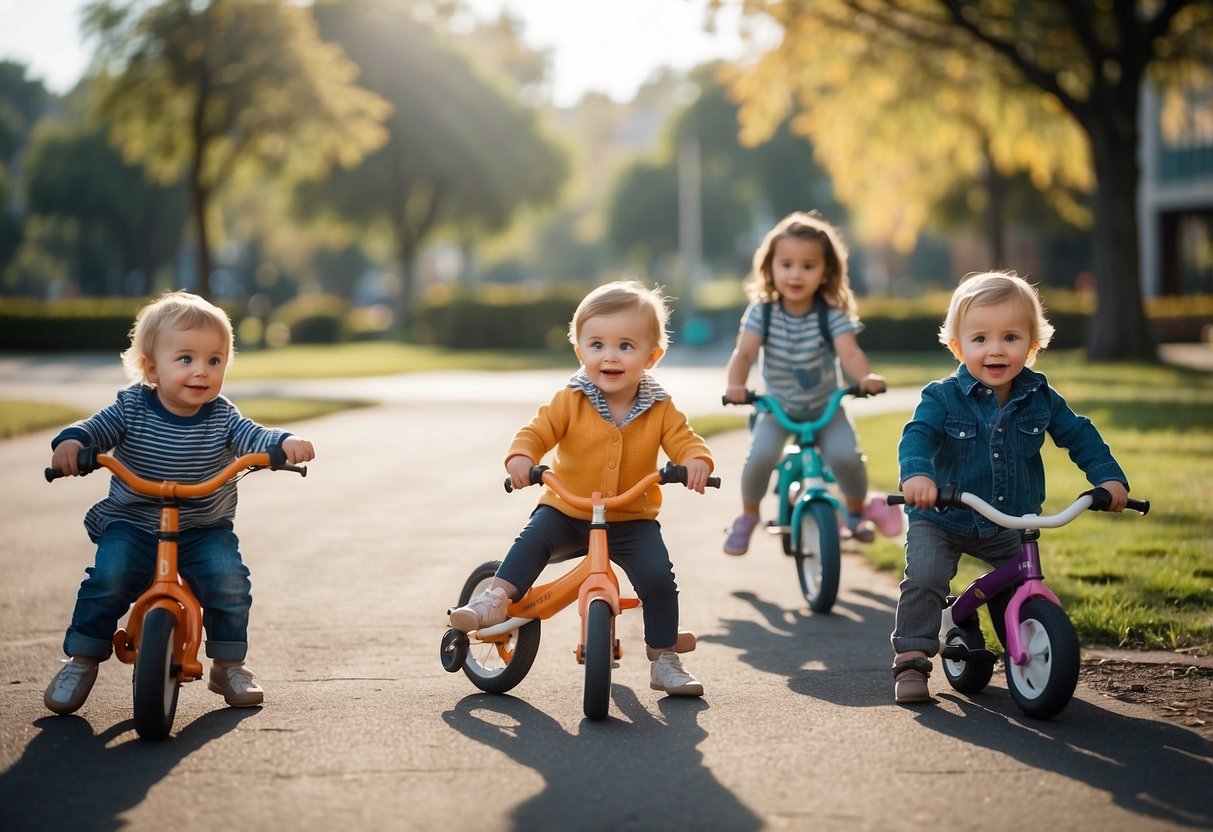 A bright, open space with colorful balance bikes scattered around. A baby crawls towards one, another sits on one, and a toddler confidently walks with one