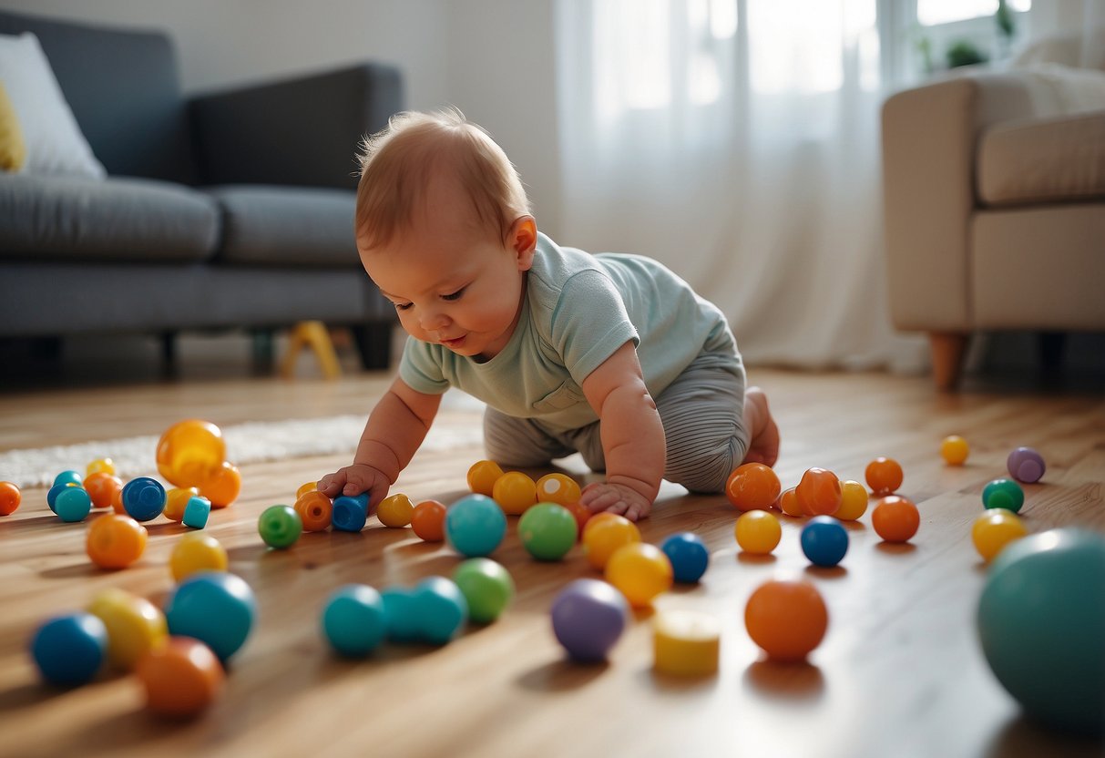 A baby playing with toys, reaching for objects, crawling, standing with support, and taking first steps with a caregiver's assistance