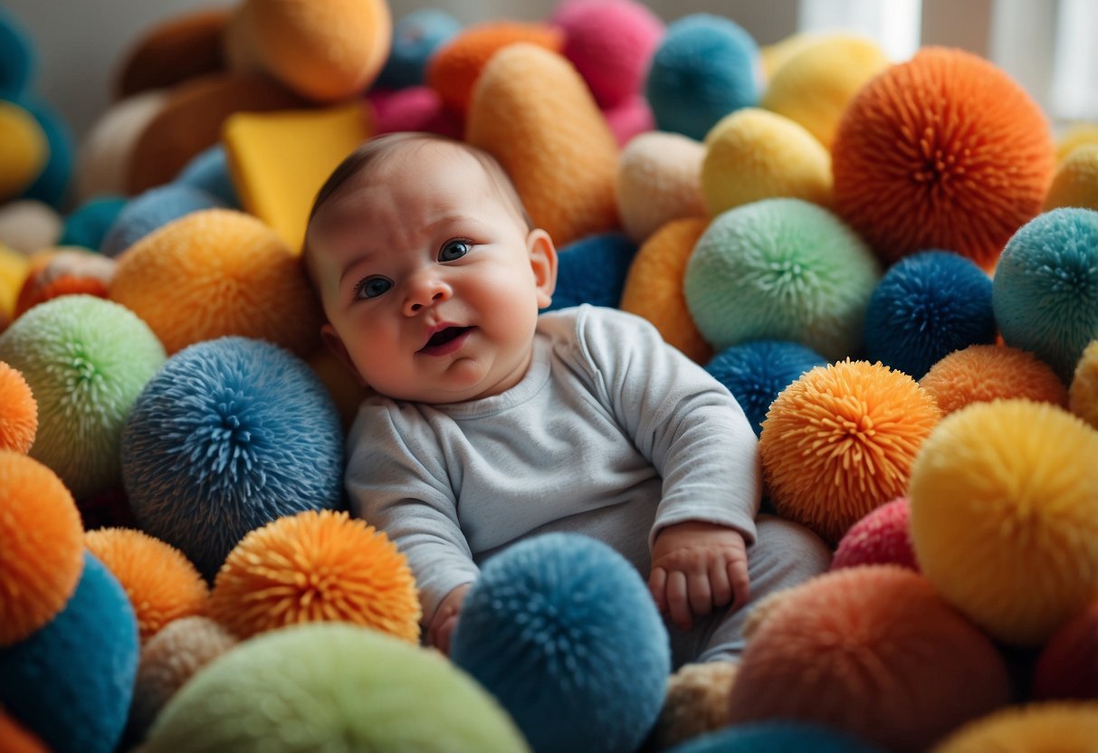 A baby surrounded by soft, cushioned surfaces, reaching for colorful toys and objects of different textures, shapes, and sizes. Bright, natural lighting illuminates the space, creating a safe and inviting environment for exploration