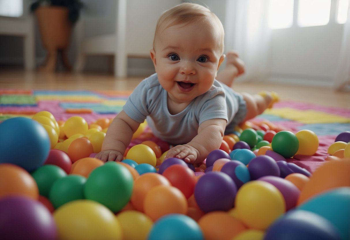 Babies playing with colorful toys, crawling on soft mats, reaching for objects, pulling themselves up, and bouncing in a bouncer