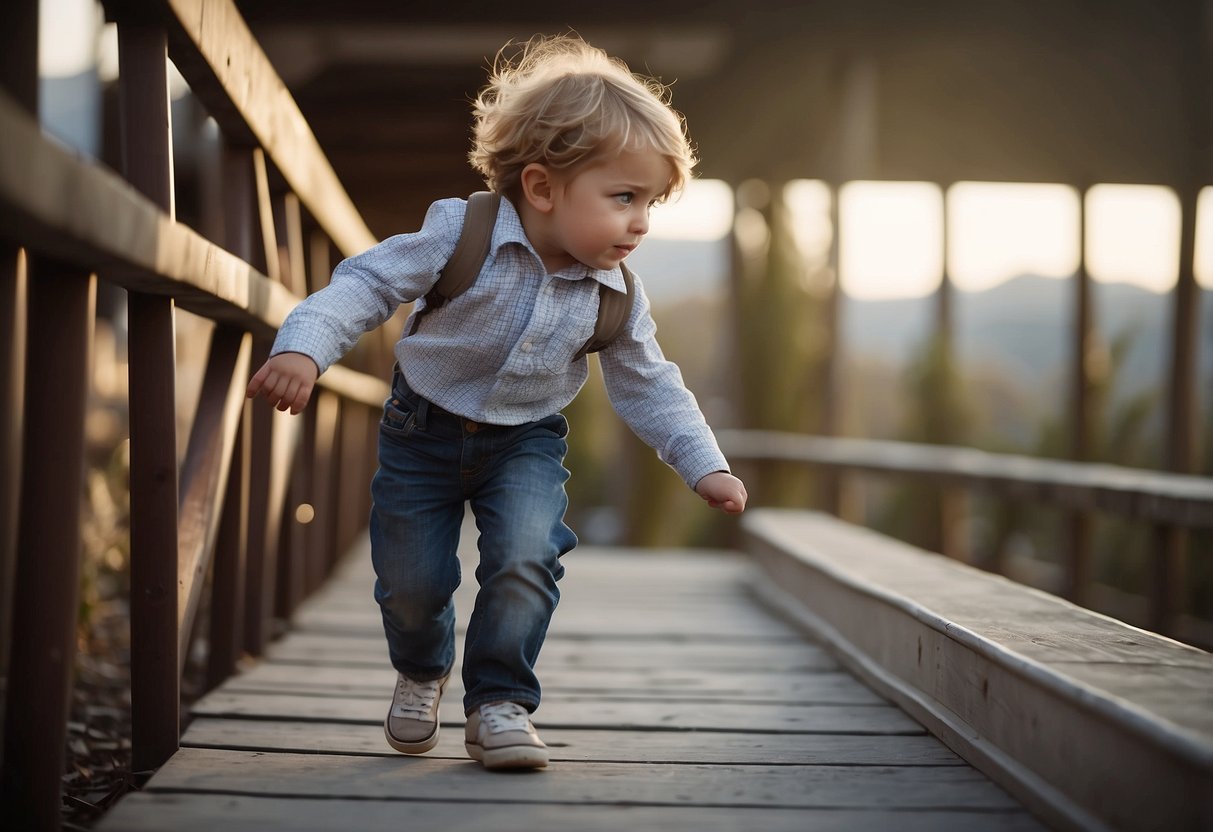 A child attempts to walk on a narrow beam, wobbling and stumbling. Objects around them illustrate various motor skill challenges