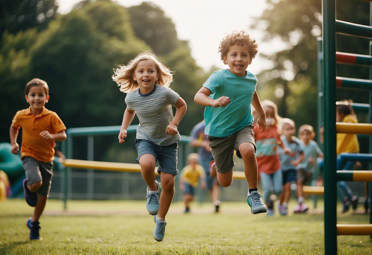 Children running, jumping, and climbing on playground equipment. Some are playing catch, while others are skipping or hopping through an obstacle course