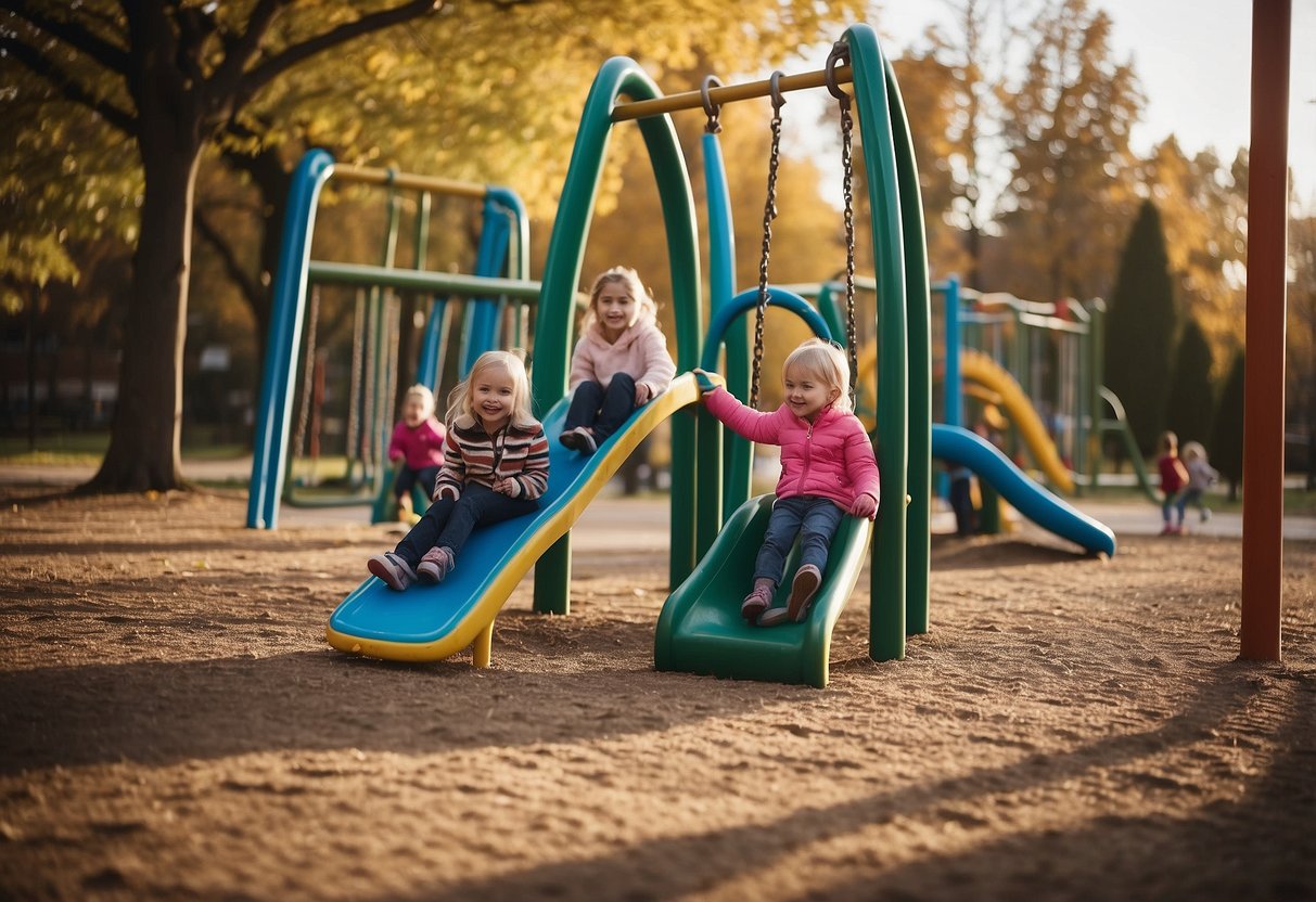 Children playing on a playground with slides, swings, and climbing structures. A soft, padded surface covers the ground to prevent injuries. A parent or caregiver supervises from a nearby bench