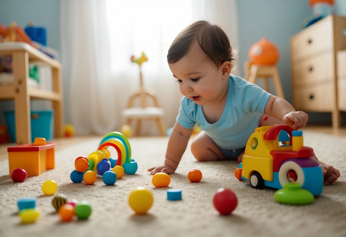 A colorful playroom with various toys and objects scattered around. A baby is reaching for a toy, while others are crawling, grasping, and exploring different textures and shapes