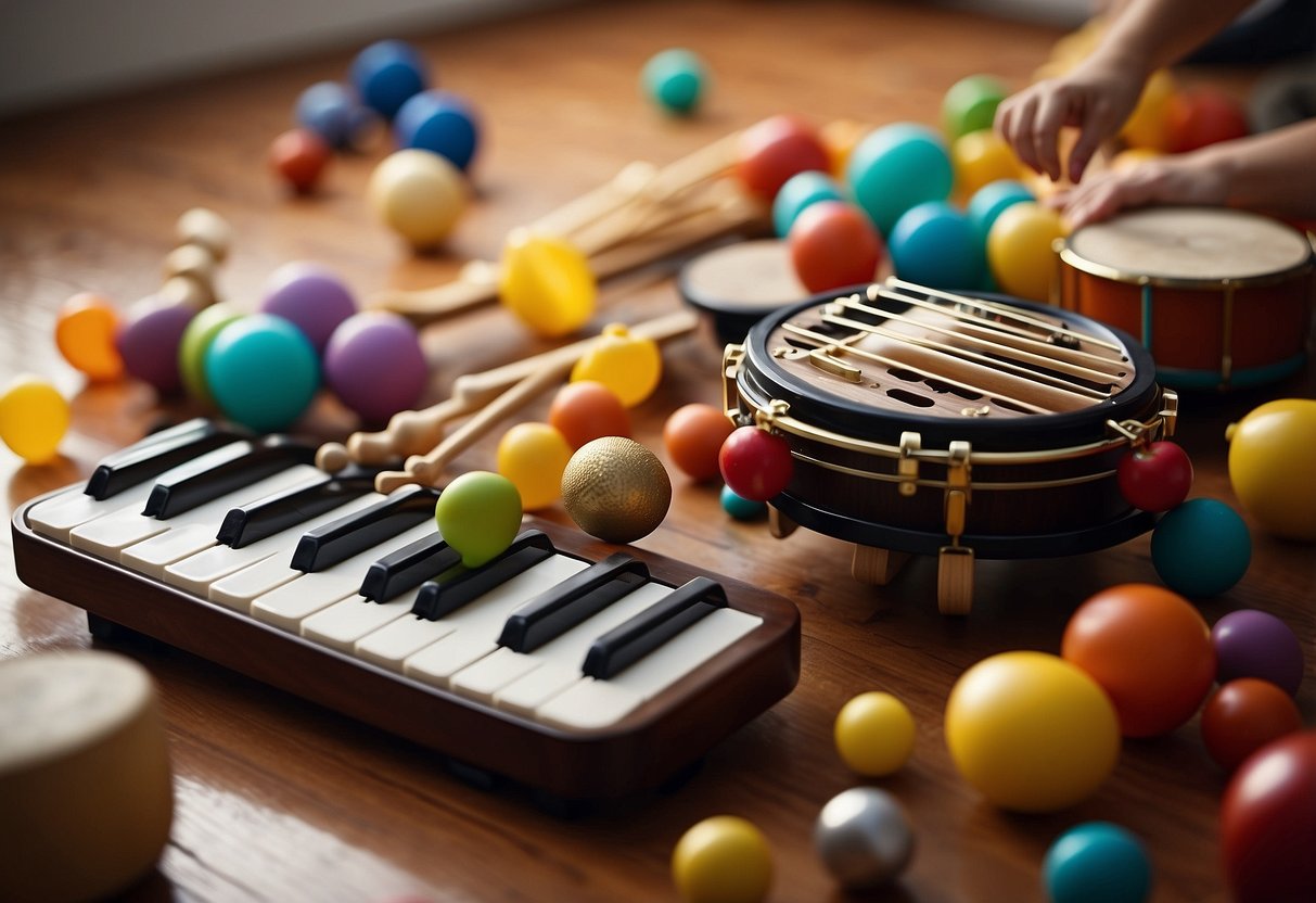 Instruments scattered on floor, baby reaching for xylophone, drum, and maracas. Parent nearby encouraging exploration and movement