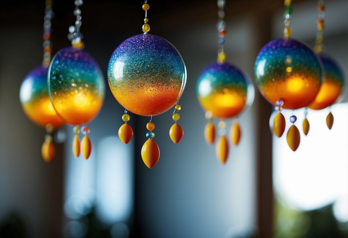 Colorful mobiles hang above a mirror, reflecting their vibrant shapes. A baby's hand reaches out to touch the moving objects, promoting motor skill development