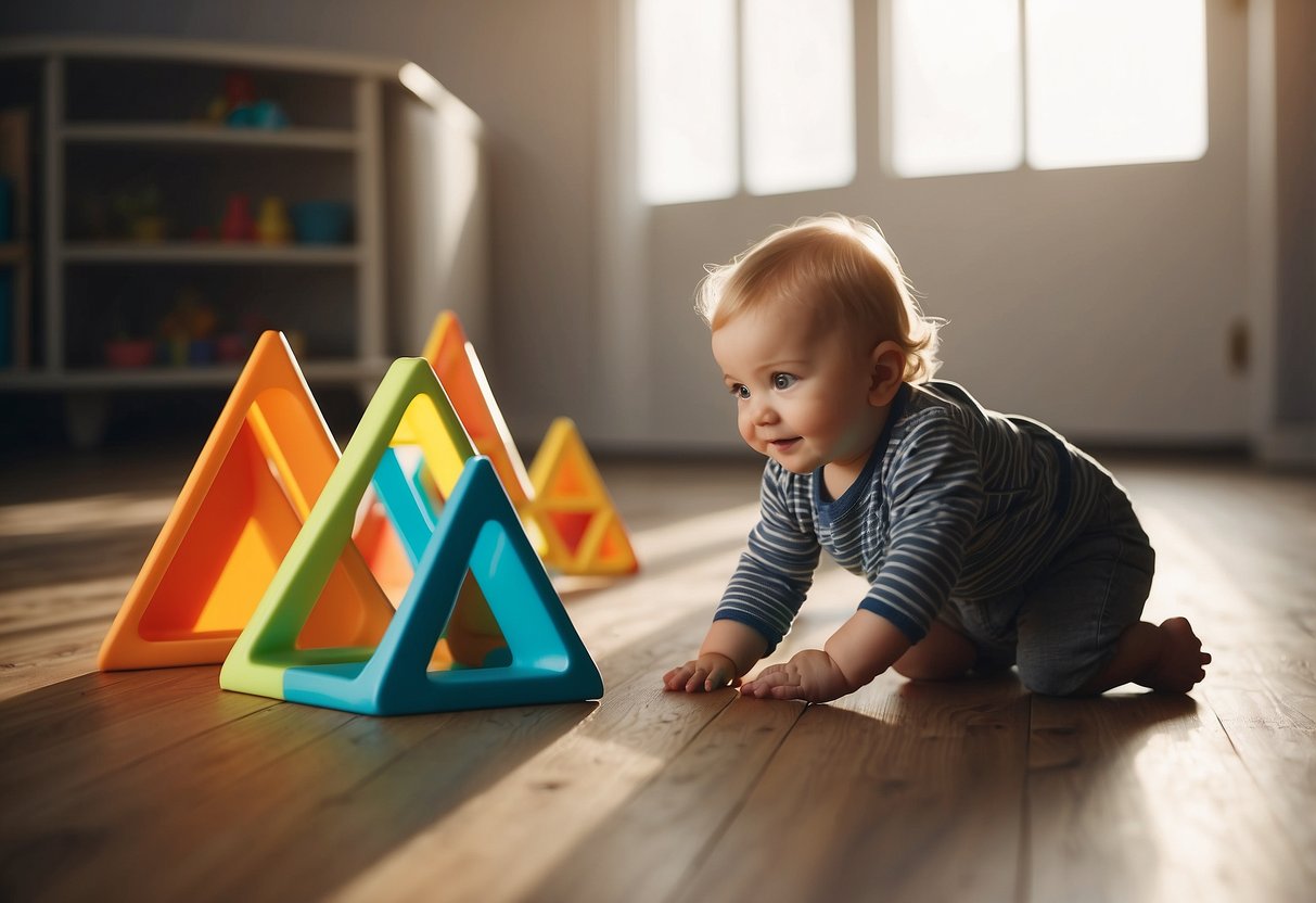 A colorful shape sorter sits on the floor, with various shapes and slots. A baby reaches out to grasp a bright triangle, focusing intently on fitting it into the correct hole