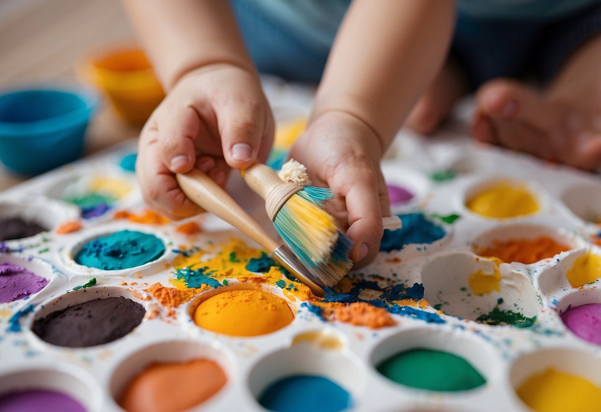 A baby's hand holding a paintbrush, creating colorful strokes on paper. Various objects like sponges and textured materials are scattered around for tactile exploration