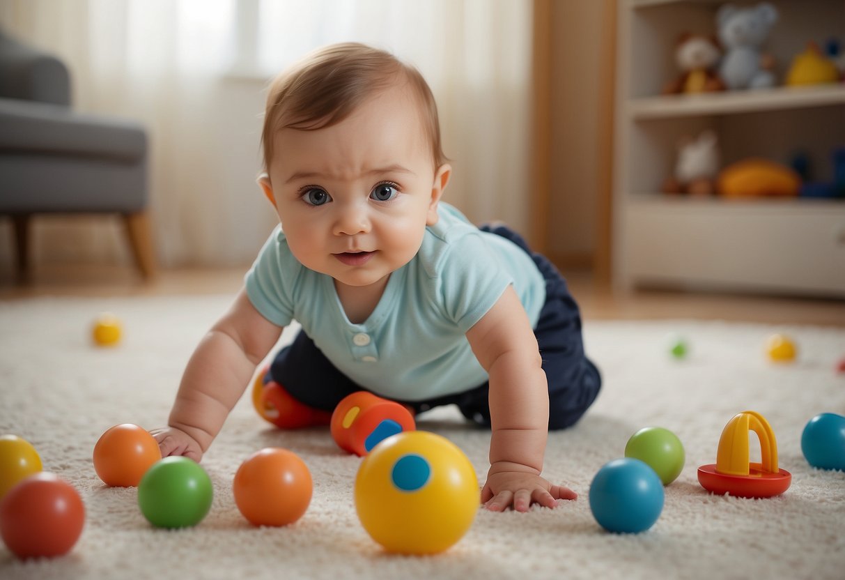 A baby playing with toys, crawling, standing with support, reaching for objects, and babbling. A pediatrician measuring height and weight, and parents interacting with the baby