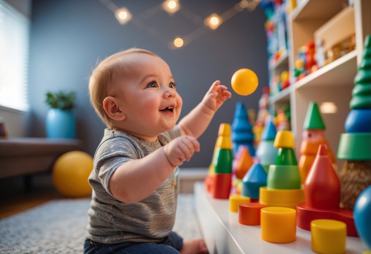 A smiling baby surrounded by toys and reaching for a colorful object. A milestone chart on the wall shows various physical development stages