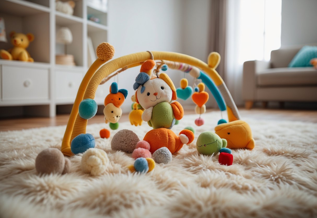 A colorful array of baby toys scattered on a soft, plush rug, with a mobile hanging above and a baby play gym in the background