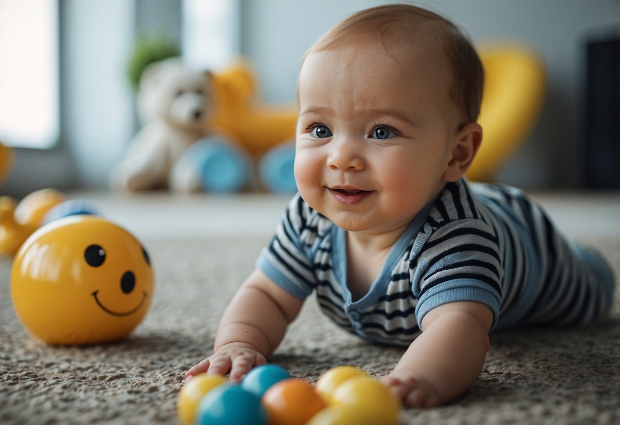 A baby's gaze meets another's, showing interest and recognition. Smiles and babbling indicate social interaction. Crawling, reaching, and grabbing objects demonstrate physical development