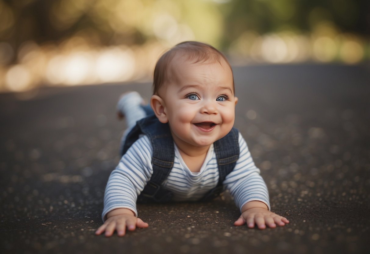 A baby smiling, reaching for objects, crawling, standing with support, babbling, responding to their name, making eye contact, showing curiosity, imitating sounds, and showing affection