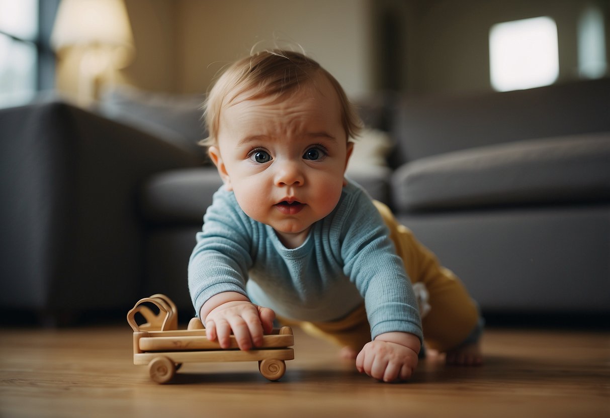 A baby holding onto furniture, taking small steps, and exploring their surroundings. They are reaching for objects and showing curiosity and determination