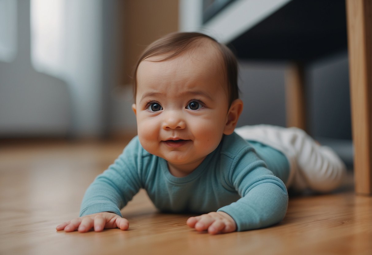 A baby reaching for a toy, sitting up unassisted, crawling, and standing with support. A pediatrician observing and smiling