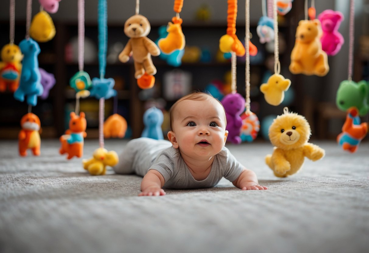 A baby lying on their back, reaching for colorful toys hanging above. A soft mat underneath provides support for their movements