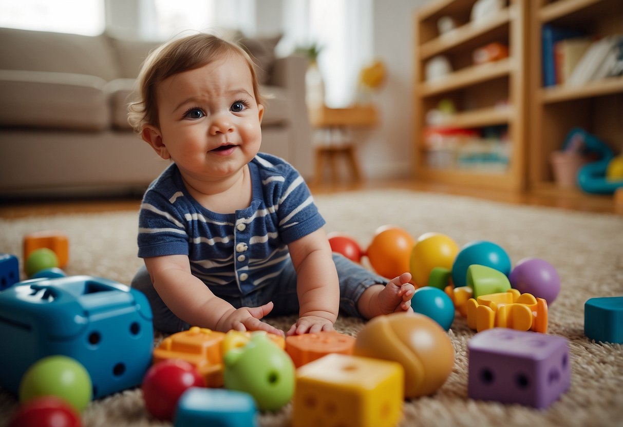 A baby surrounded by colorful toys and books, reaching out to touch and explore different textures and shapes. A caregiver sitting nearby, engaging in interactive play and conversation with the baby