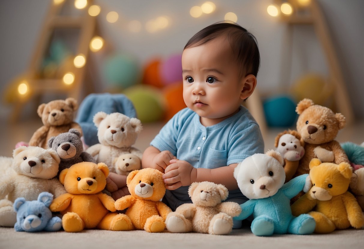 A baby surrounded by soft toys, reaching out to touch and explore different textures and shapes. The toys are brightly colored and varied in size, providing a stimulating and engaging environment for the baby