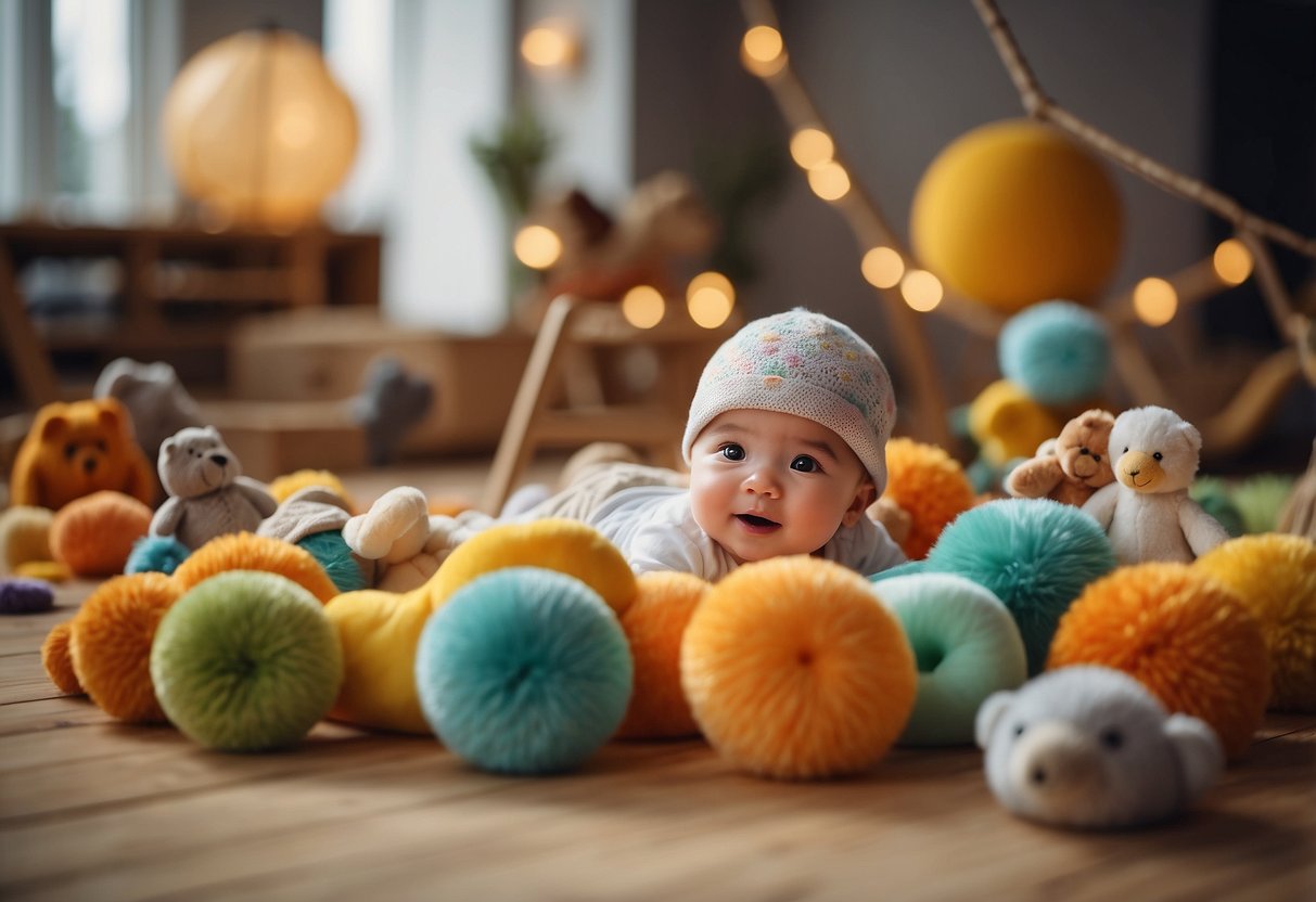 A colorful play mat with various textures and shapes, surrounded by soft toys and rattles. A baby reaching out to touch and explore the different objects