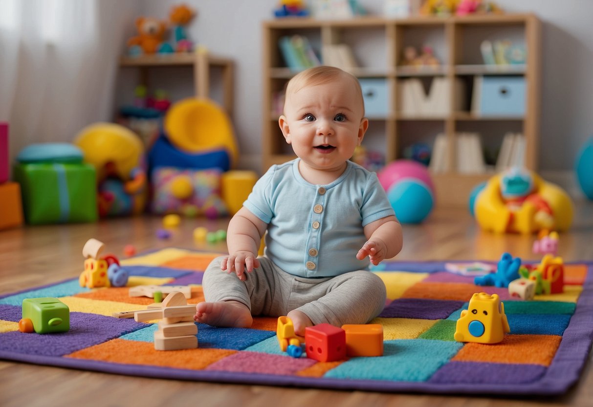 A baby sitting on a colorful mat surrounded by toys, books, and flashcards. A parent or caregiver is interacting with the baby, using hand gestures to teach sign language