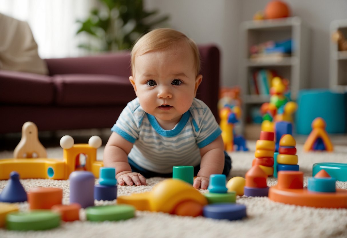 A baby surrounded by colorful toys and books, reaching out to touch and explore different textures and shapes. A caregiver sitting nearby, engaging in interactive play and conversation with the baby